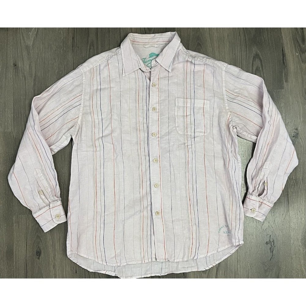 Tommy Bahama Shirt Mens XL Pink Striped Linen Long Sleeve Button Up Casual